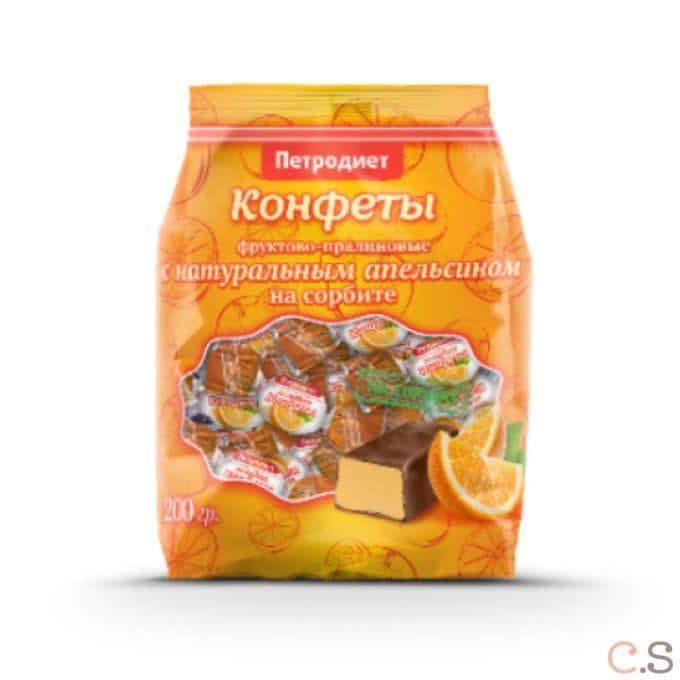 Конфеты фруктово-пралиновые с натуральным апельсином на сорбите 200 гр Петродиет