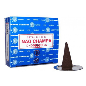НАГ ЧАМПА конусные благовония (Nag Champa Dhoop Cones, Satya) уп. 12 конусов + подставка
