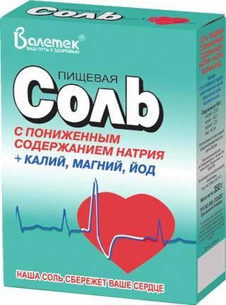 Соль пищевая с пониженным содержанием натрия+калий, магний, йод 350 гр Валетек