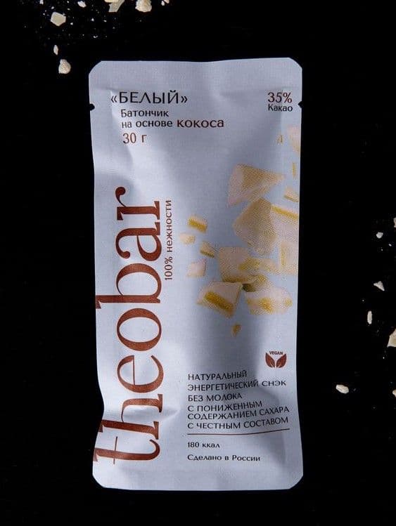"БЕЛЫЙ" шоколад на основе кокоса (Батончик theobar), Theobroma "Пища Богов"
