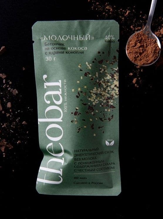 "МОЛОЧНЫЙ" шоколад на основе кокоса с ядрами конопли (Батончик theobar), Theobroma "Пища Богов"