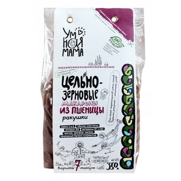 Макароны цельнозерновые пшеничные - ракушки 350 гр Умная мама
